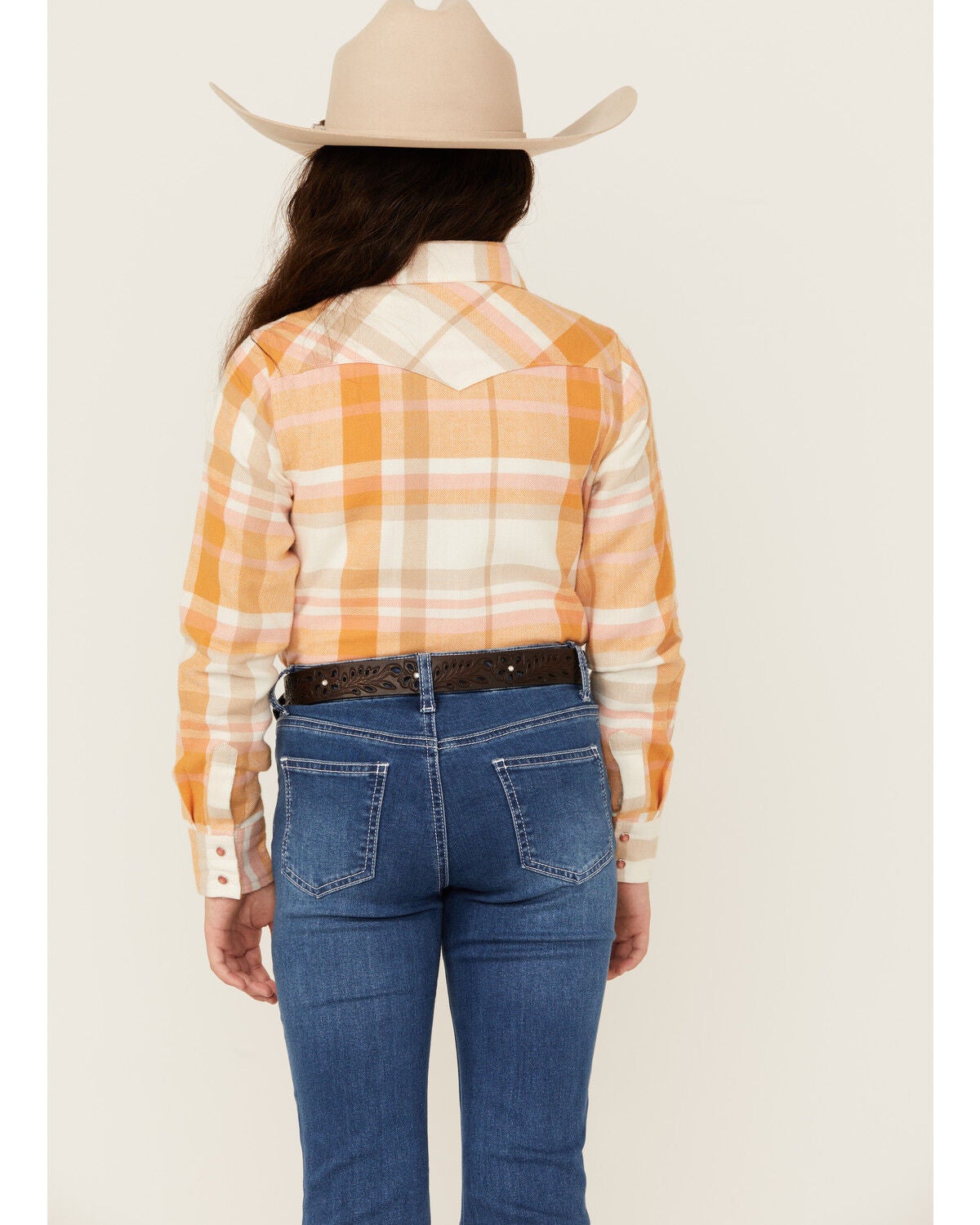 Image #4 - Shyanne Girls' Oak Plaid Print Long Sleeve Pearl Snap Flannel Shirt, Gold, hi-res