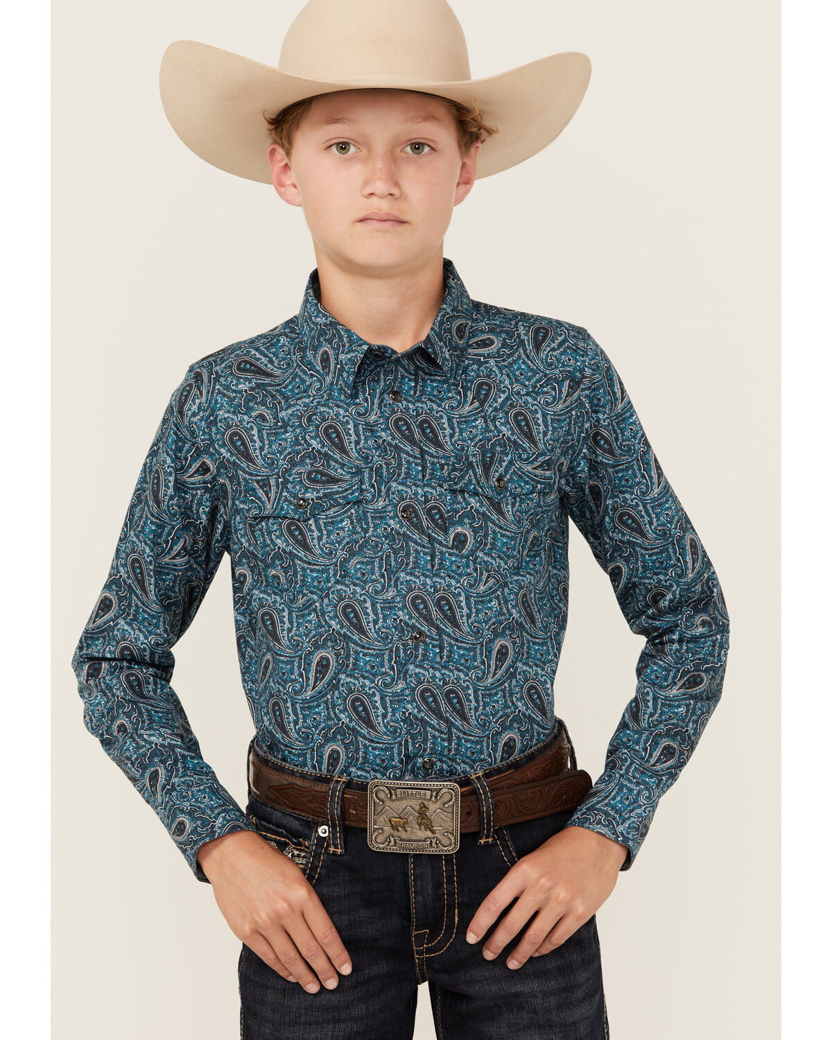 Image #1 - Cody James Boys' Lasso Paisley Print Long Sleeve Snap Western Shirt, Blue, hi-res