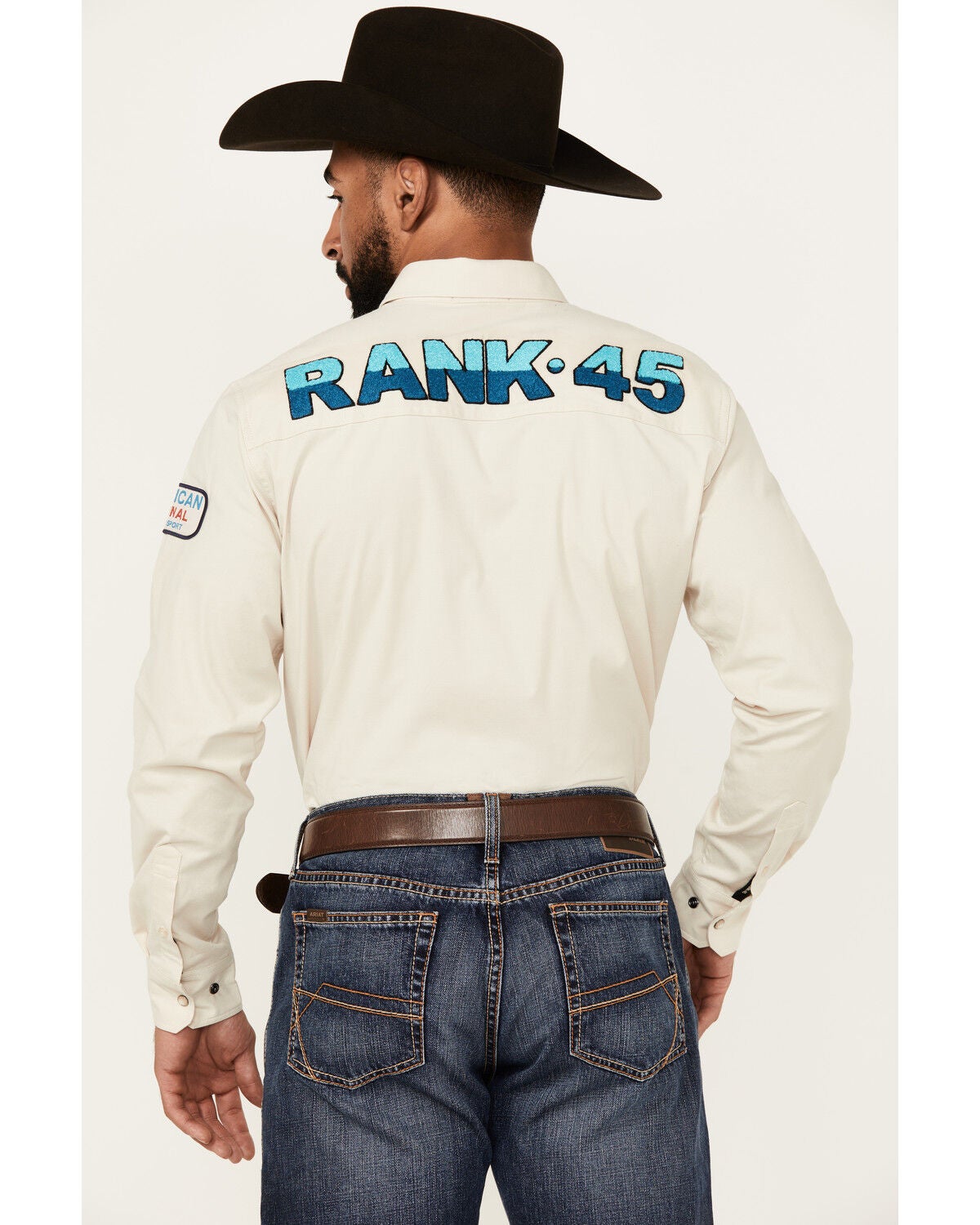 Image #4 - RANK 45&reg; Men's Patched Racer Logo Long Sleeve Snap Stretch Performance Western Shirt, Ivory, hi-res