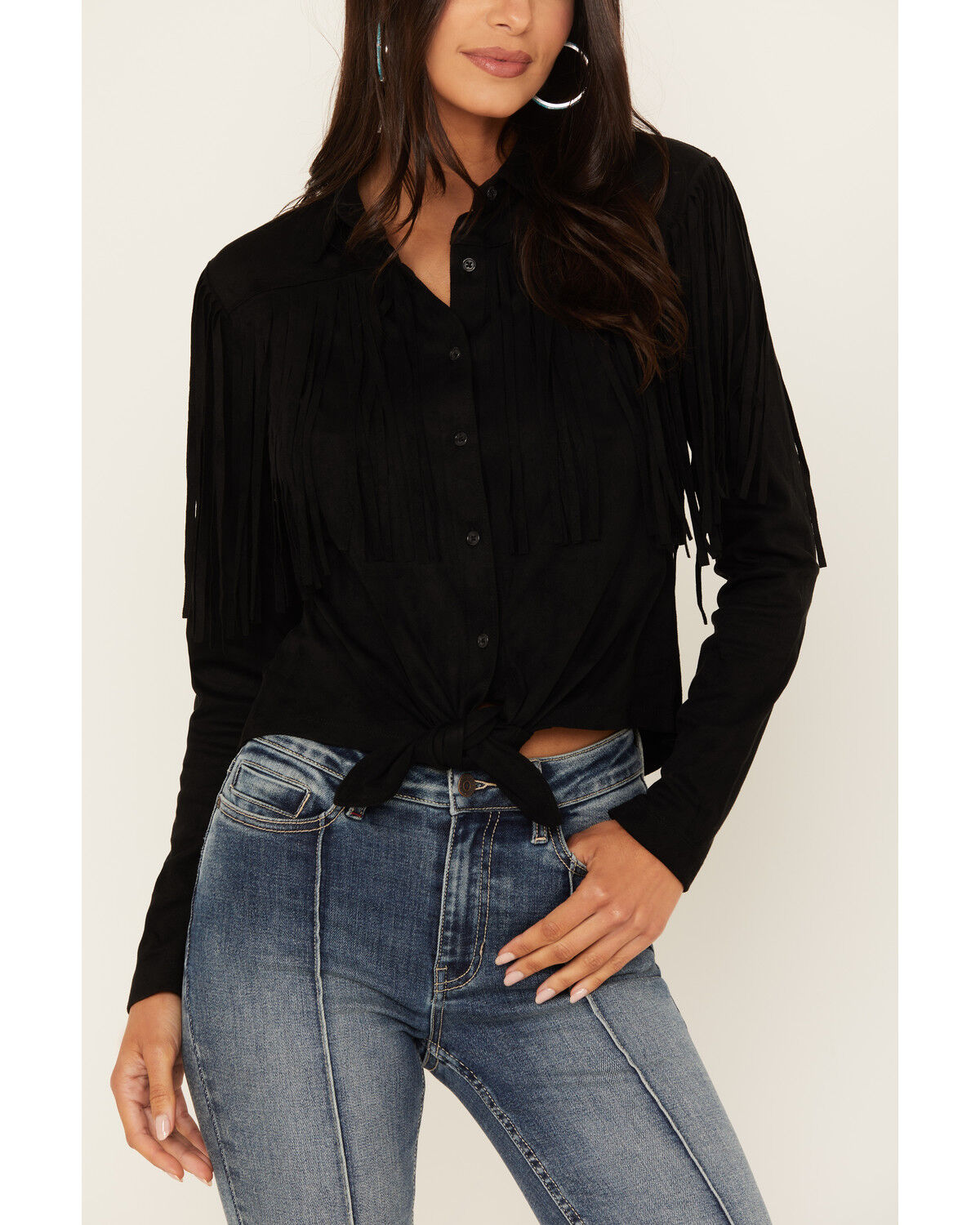 Image #2 - Idyllwind Women's Fate Tie Front Faux Suede Fringe Top, Black, hi-res