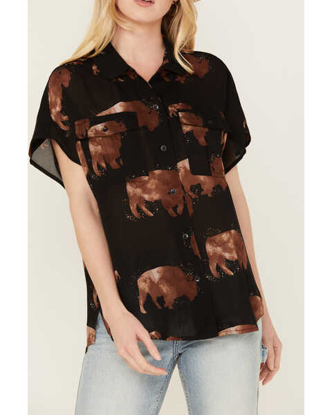 Image #3 - Ariat Women's Badland Buffalo Print Short Sleeve Button-Down Shirt, Black, hi-res