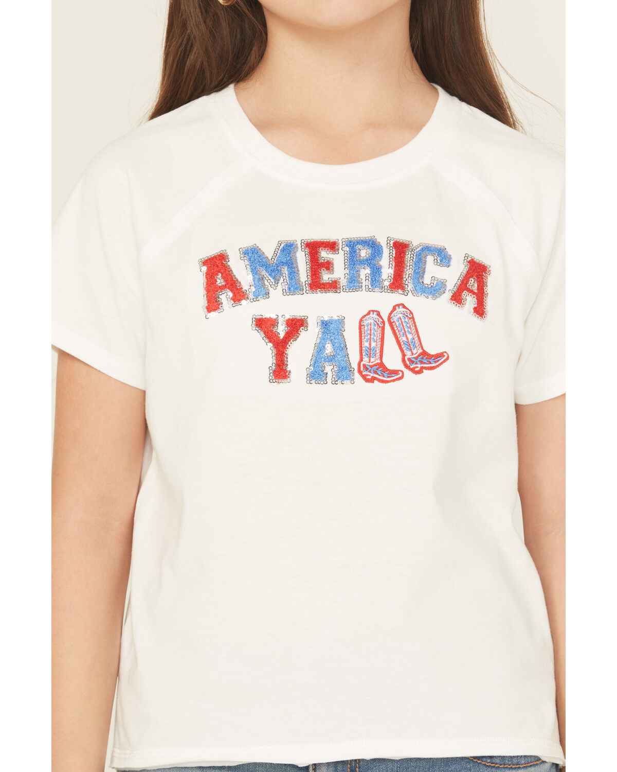 Image #3 - Blended Girls' America Y'all Sequin Short Sleeve Tee, White, hi-res