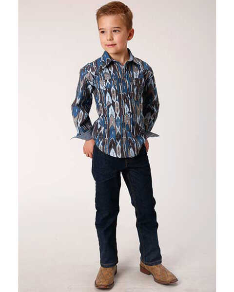 Image #3 - Roper Boys' West Made Midnight Southwestern Print Long Sleeve Western Shirt , Blue, hi-res