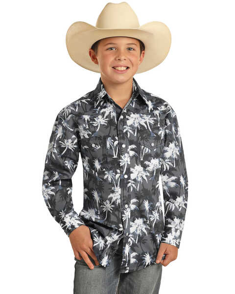 Rock & Roll Denim Boys' Palm Floral Print Long Sleeve Snap Western Shirt , Grey, hi-res