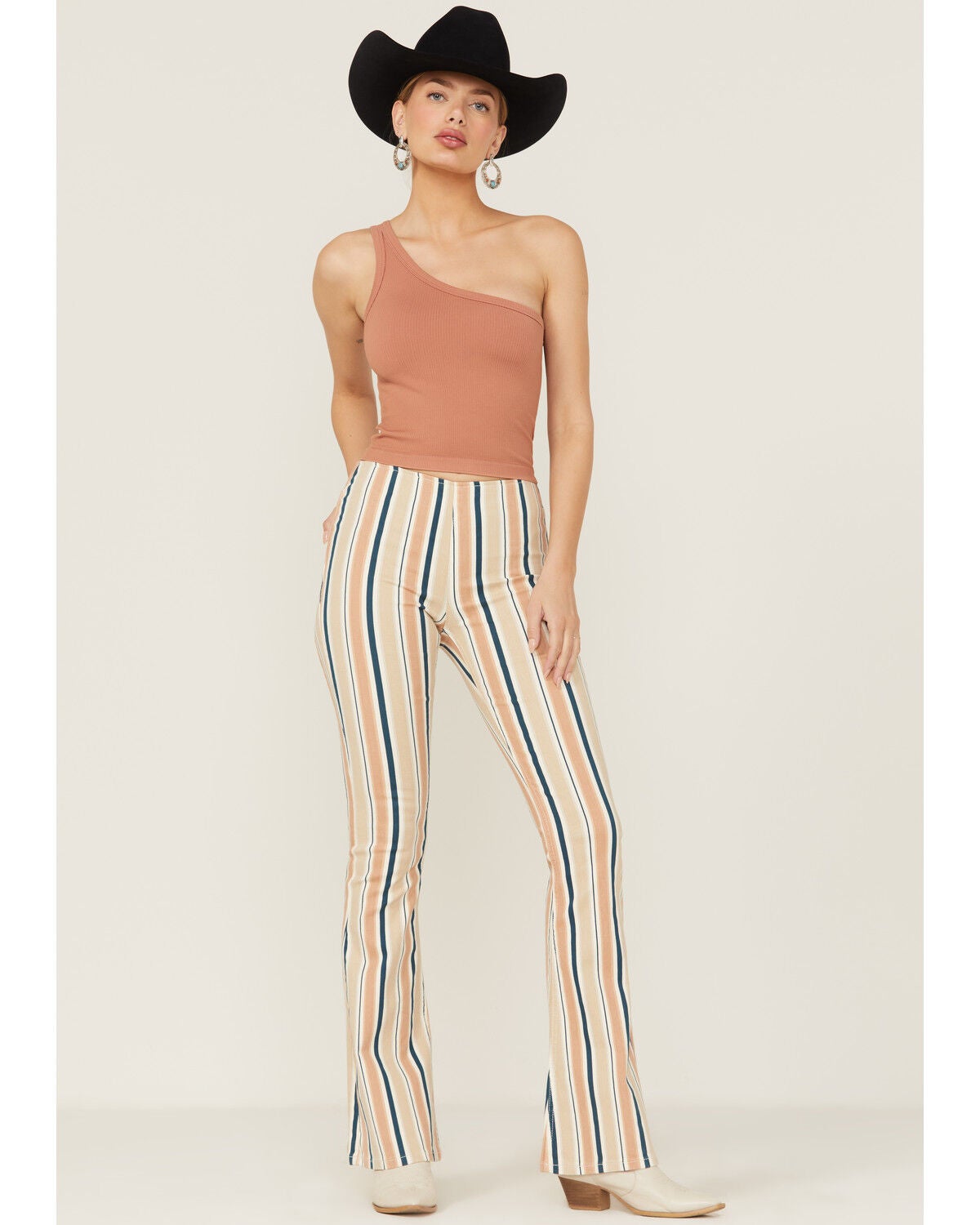 Rock & Roll Denim Women's Striped Pull On Flare Jeans, Tan, hi-res