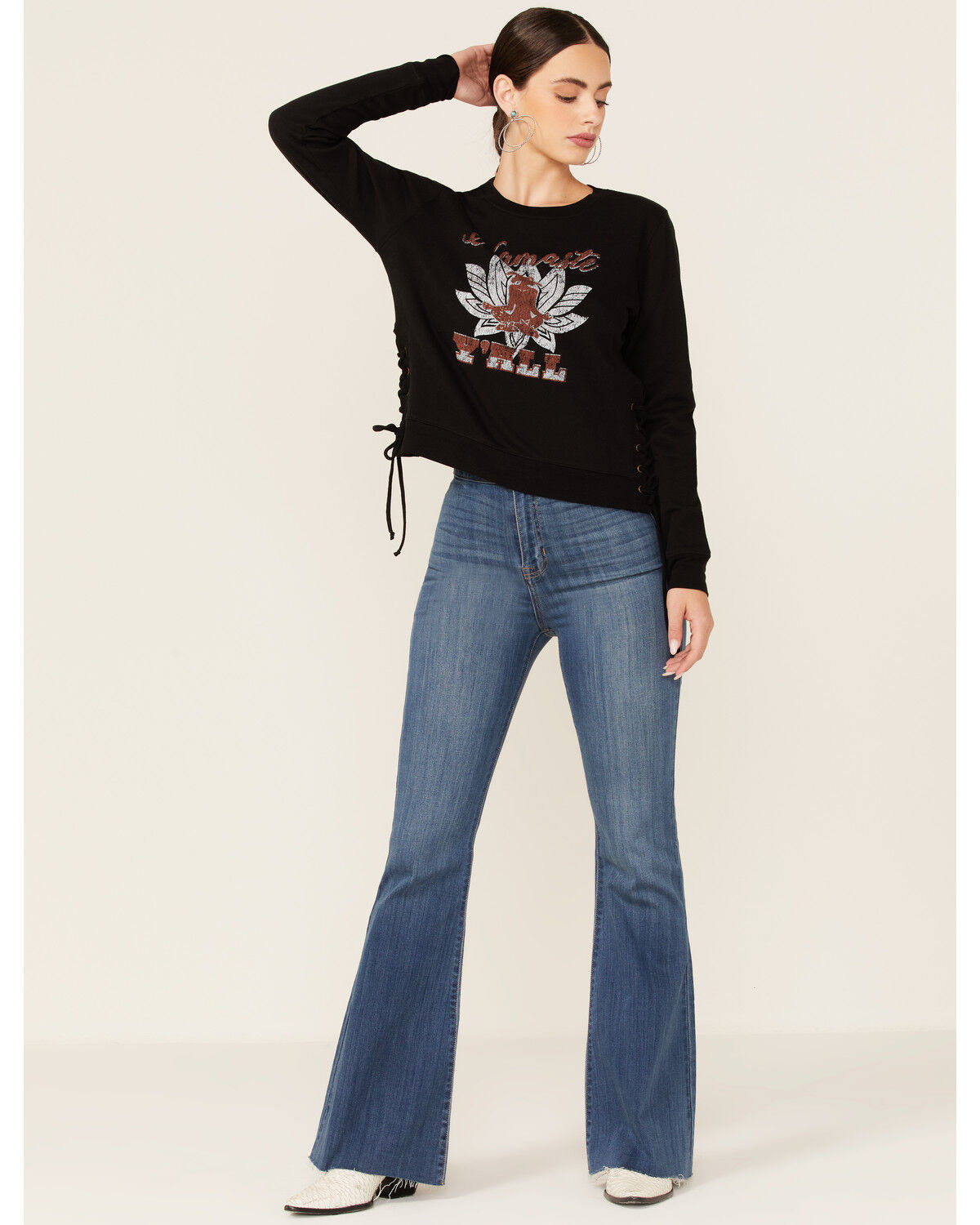 Image #4 - Shyanne Women's Namaste Yall Side Lacing Long Sleeve Graphic Sweatshirt, Black, hi-res