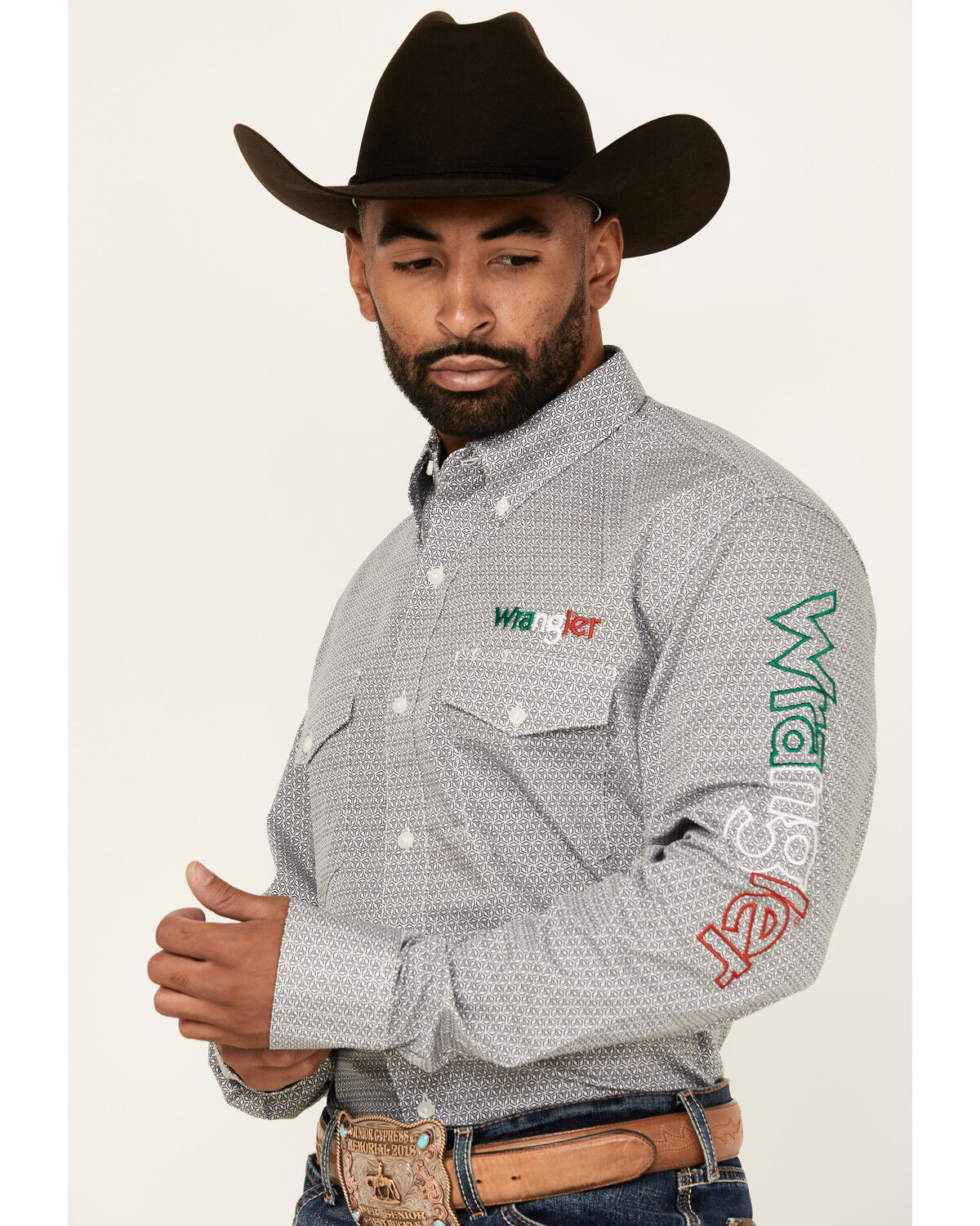 Image #2 - Wrangler Men's Mexico Flag Logo Geo Print Long Sleeve Button-Down Western Shirt, Grey, hi-res