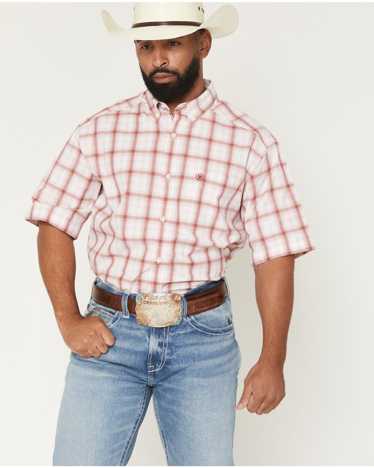 Ariat Men's Pro Series Tilly Plaid Print Short Sleeve Button-Down Western Shirt, Pink, hi-res