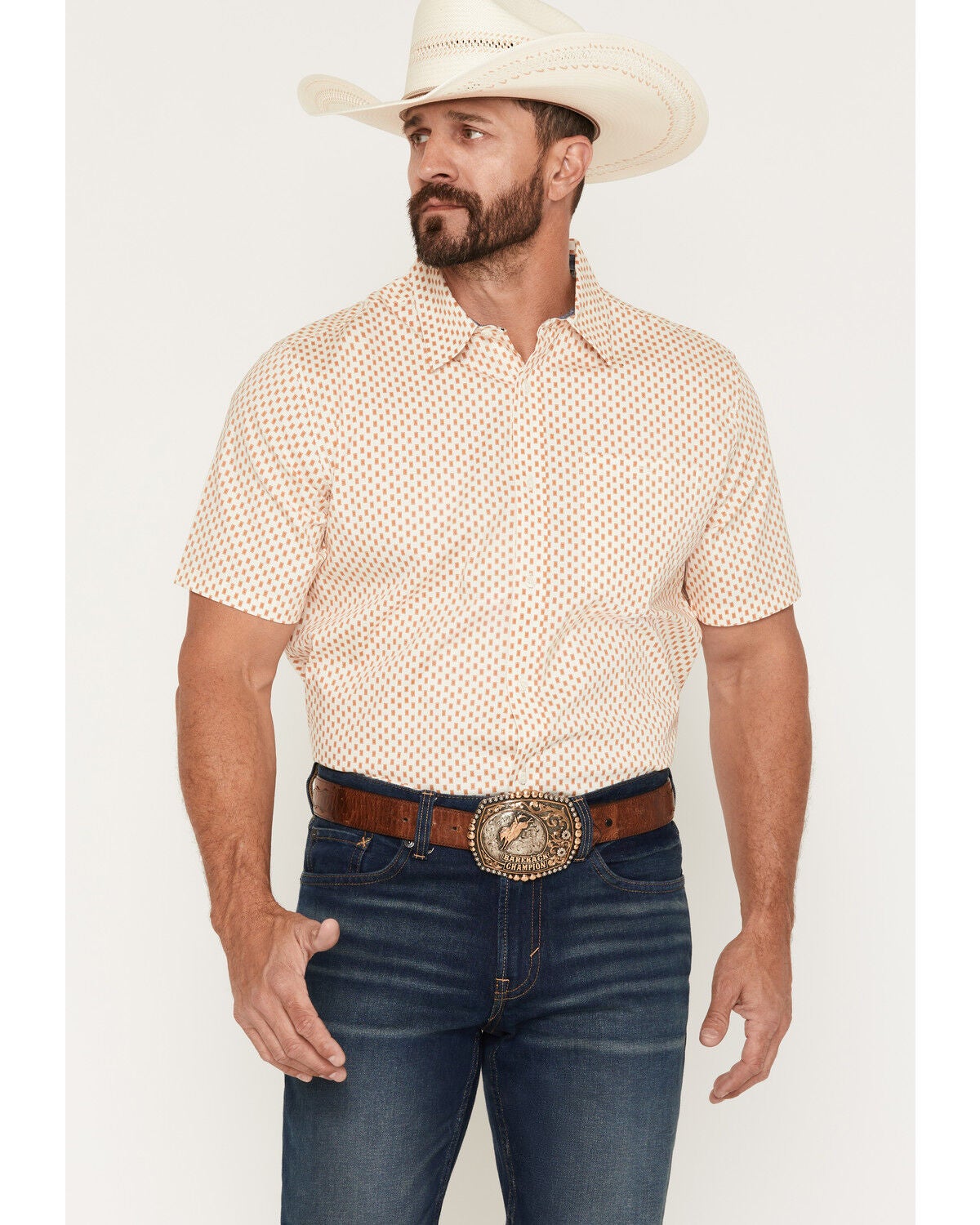 Image #1 - RANK 45&reg; Men's Square Up Geo Print Short Sleeve Button-Down Stretch Western Shirt, Ivory, hi-res
