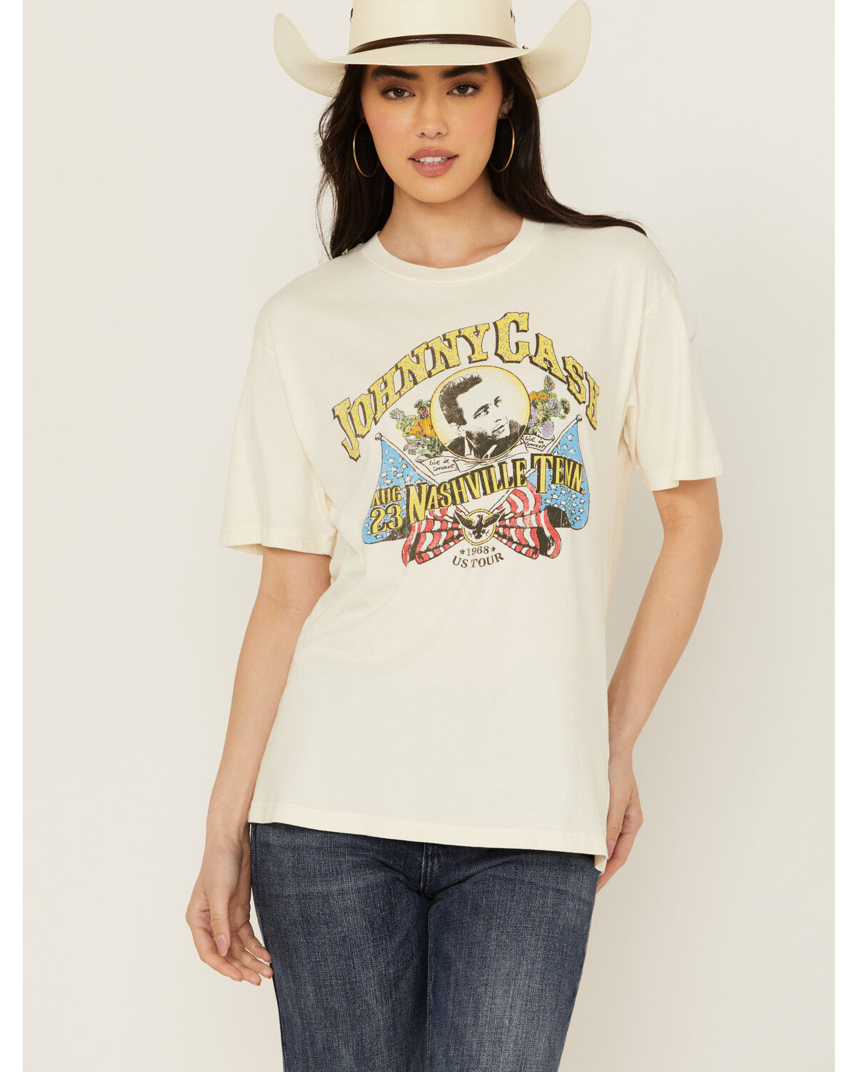 Image #1 - Day Dreamer Women's Johnny Cash Short Sleeve Oversized Graphic Tee, Cream, hi-res