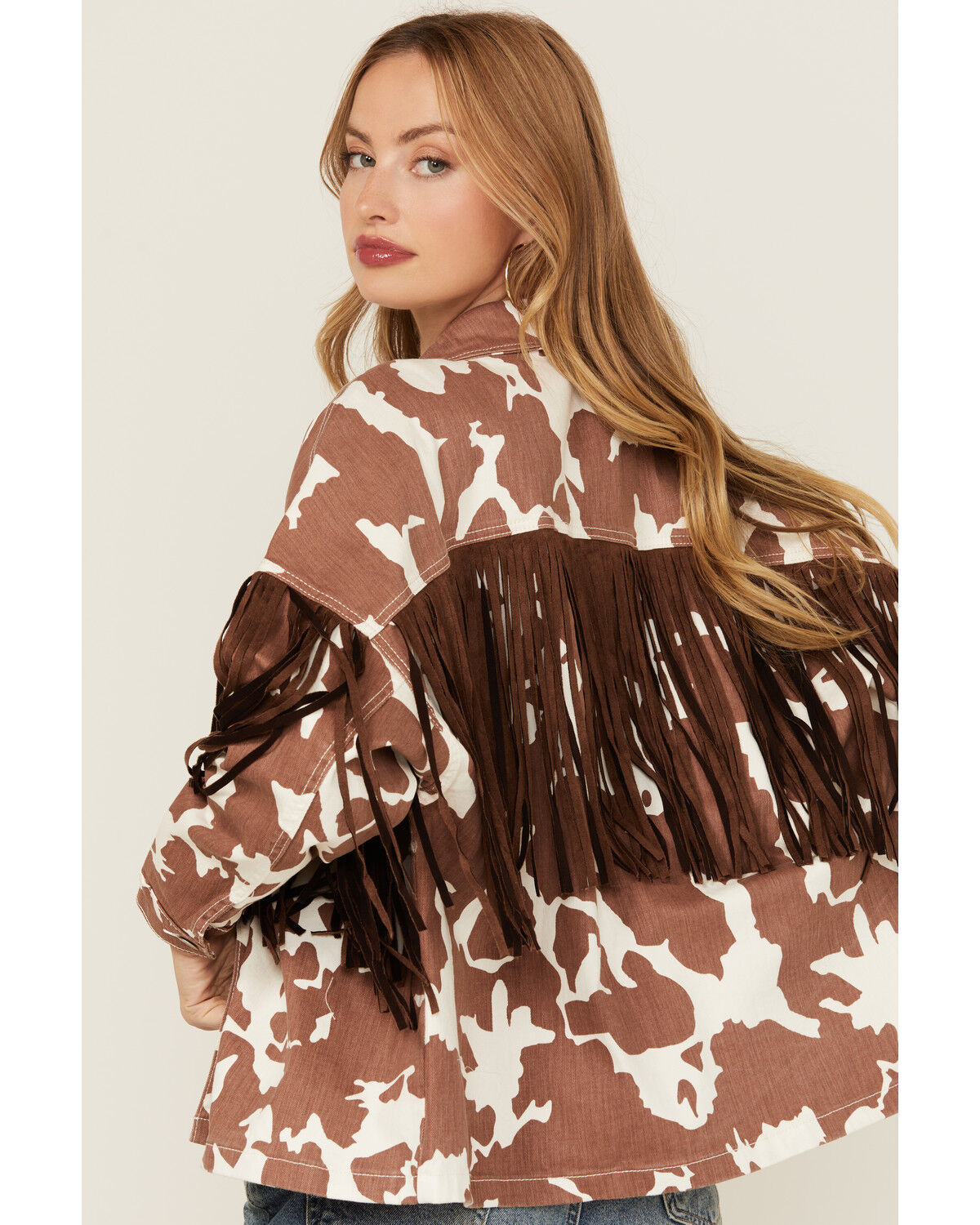 Image #4 - Saints & Hearts Women's Cow Print Tassel Jacket, Brown, hi-res
