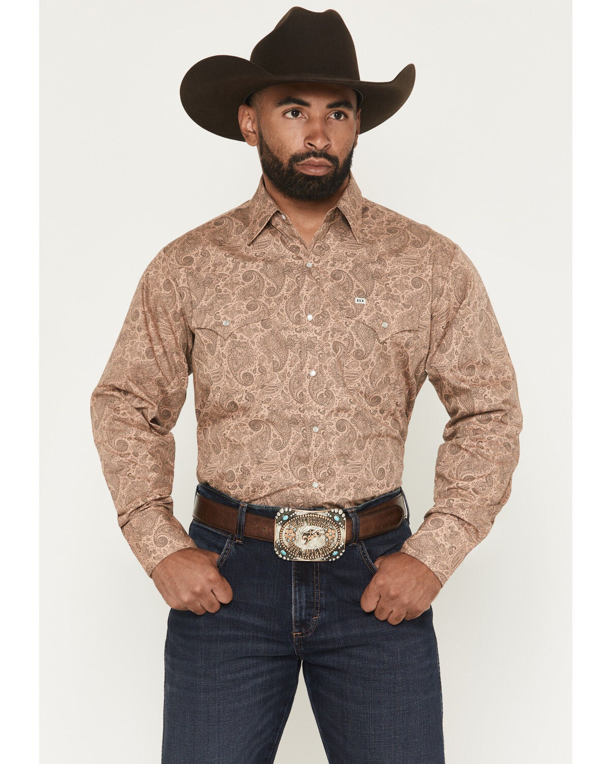 Ely Walker Men's Paisley Print Long Sleeve Pearl Snap Western Shirt, Khaki, hi-res