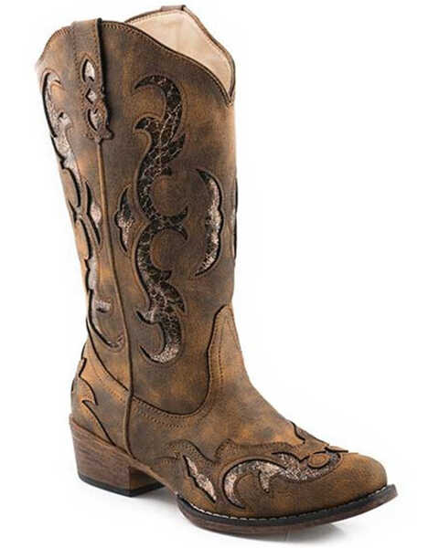 Roper Women's Riley Flextra Glitter Western Performance Boots - Round Toe, Brown, hi-res