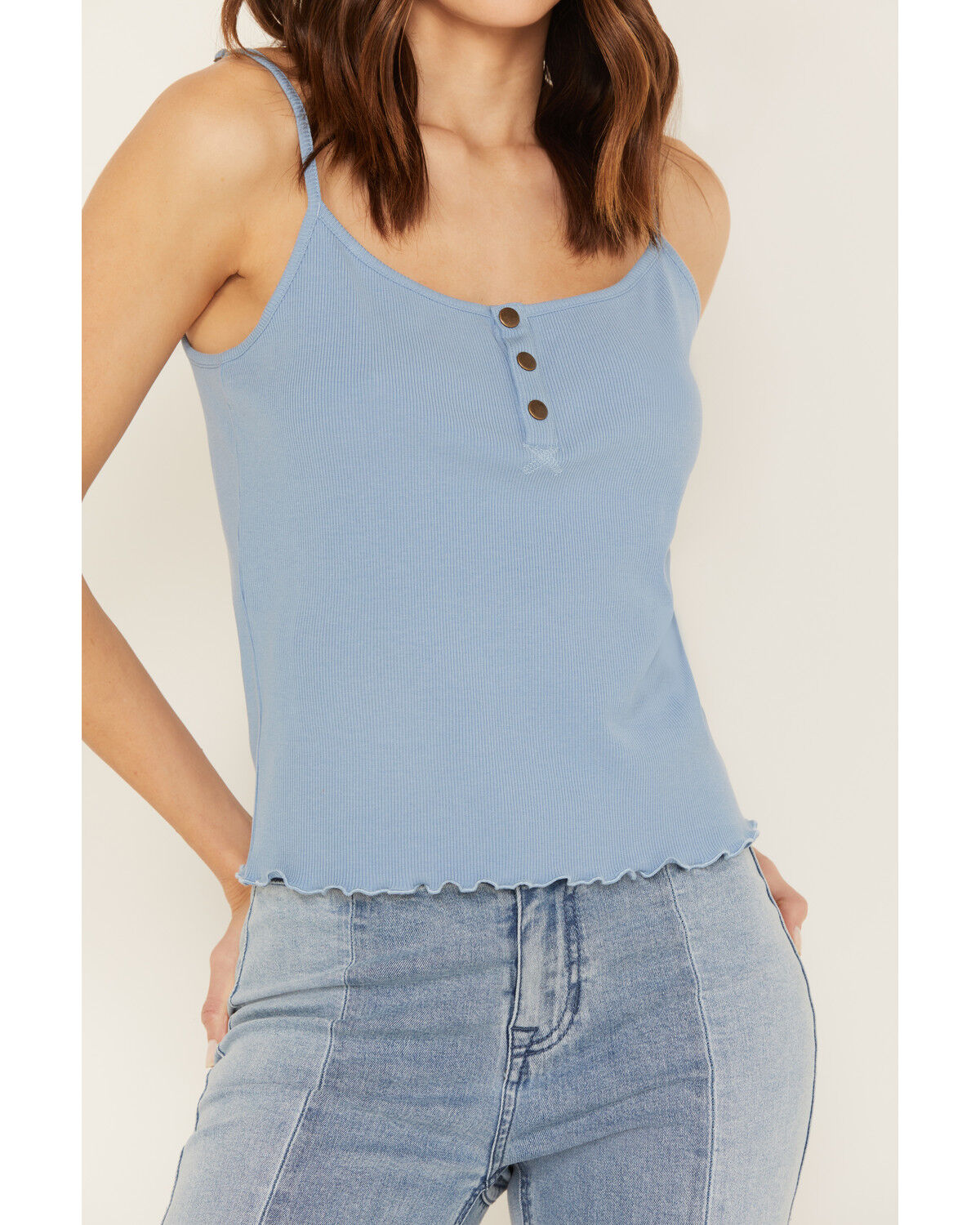 Image #3 - Cleo + Wolf Women's Rib Knit Henley Tank, Medium Blue, hi-res