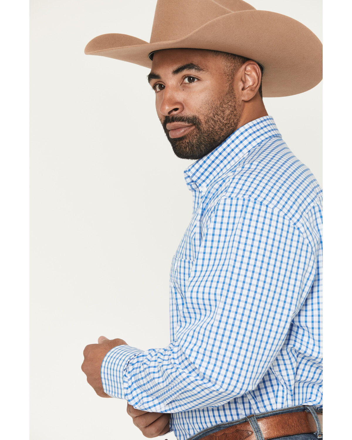 Image #2 - George Strait by Wrangler Men's Plaid Print Long Sleeve Button-Down Stretch Western Shirt, Blue, hi-res