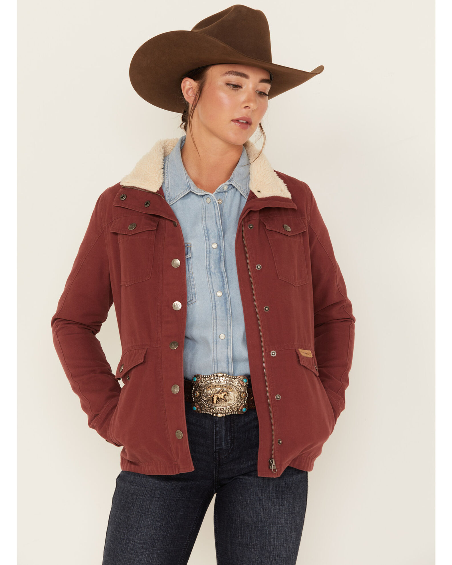 Powder River Outfitters Women s Sherpa Lined Collar Denim Military Jacket Country Outfitter