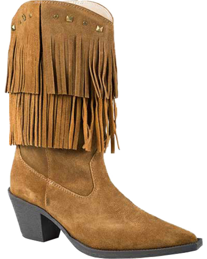 Roper Tan Suede Fringe Cowgirl Boots Pointed Toe Country Outfitter