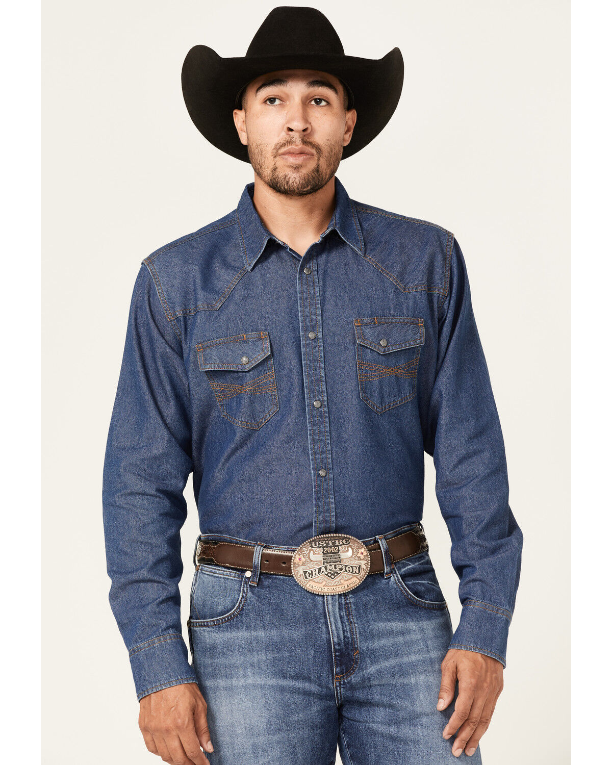 Image #1 - Blue Ranchwear Men's Medium Wash Long Sleeve Snap Western Denim Shirt, Medium Blue, hi-res