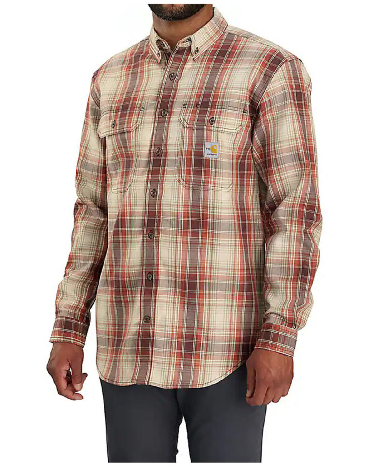 Image #1 - Carhartt Men's FR Force Rugged Flex® Loose Fit Twill Plaid Print Long Sleeve Button-Down Work Shirt, Wine, hi-res