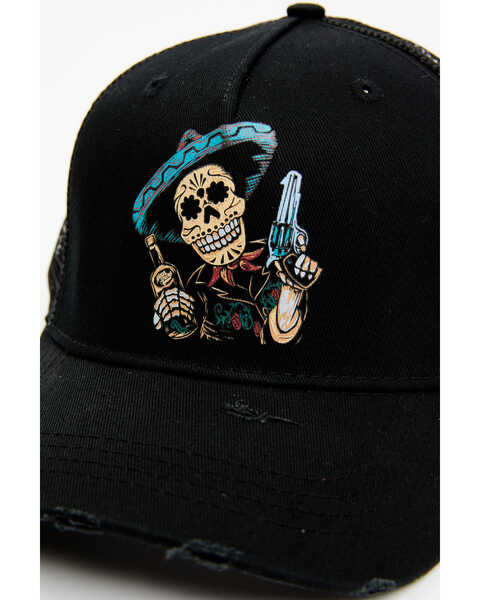 Image #2 - Moonshine Spirit Men's Distressed Whiskey Sombrero Skull Pistol Graphic Mesh Back Ball Cap, Black, hi-res