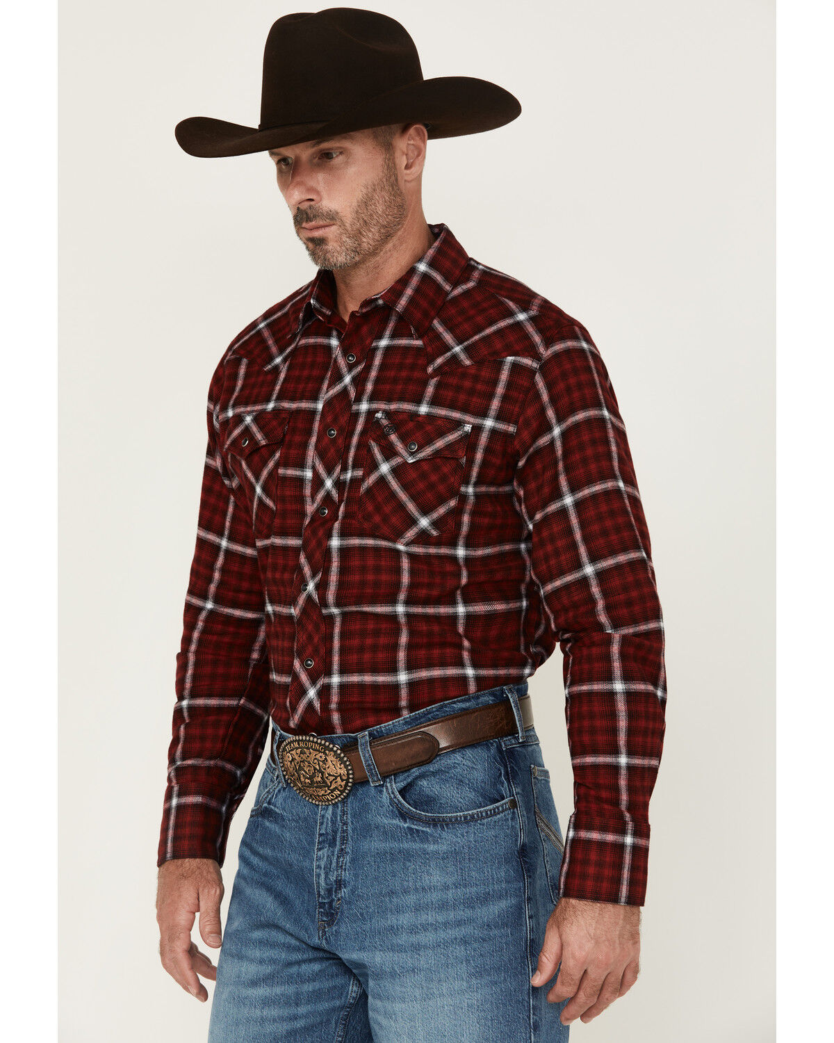 Image #1 - Wrangler Retro Men's Plaid Print Long Sleeve Snap Flannel Shirt, Red, hi-res