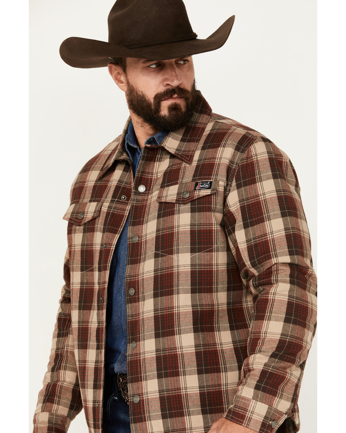 Image #2 - Justin Men's Jackson Plaid Print Snap Shacket, Rust Copper, hi-res