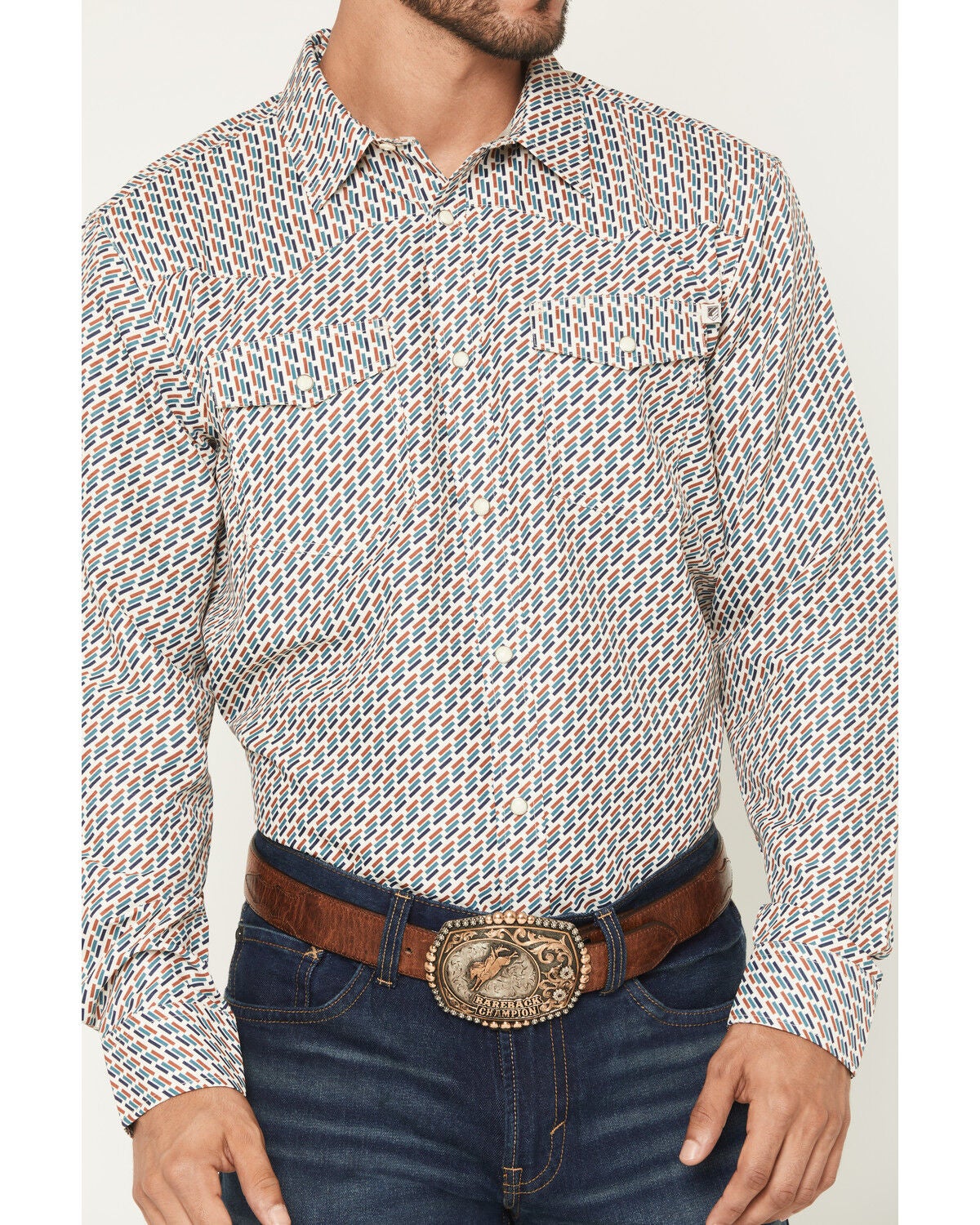 Image #3 - RANK 45&reg; Men's Geometric Fuji Print Long Sleeve Snap Performance Shirt, Sand, hi-res