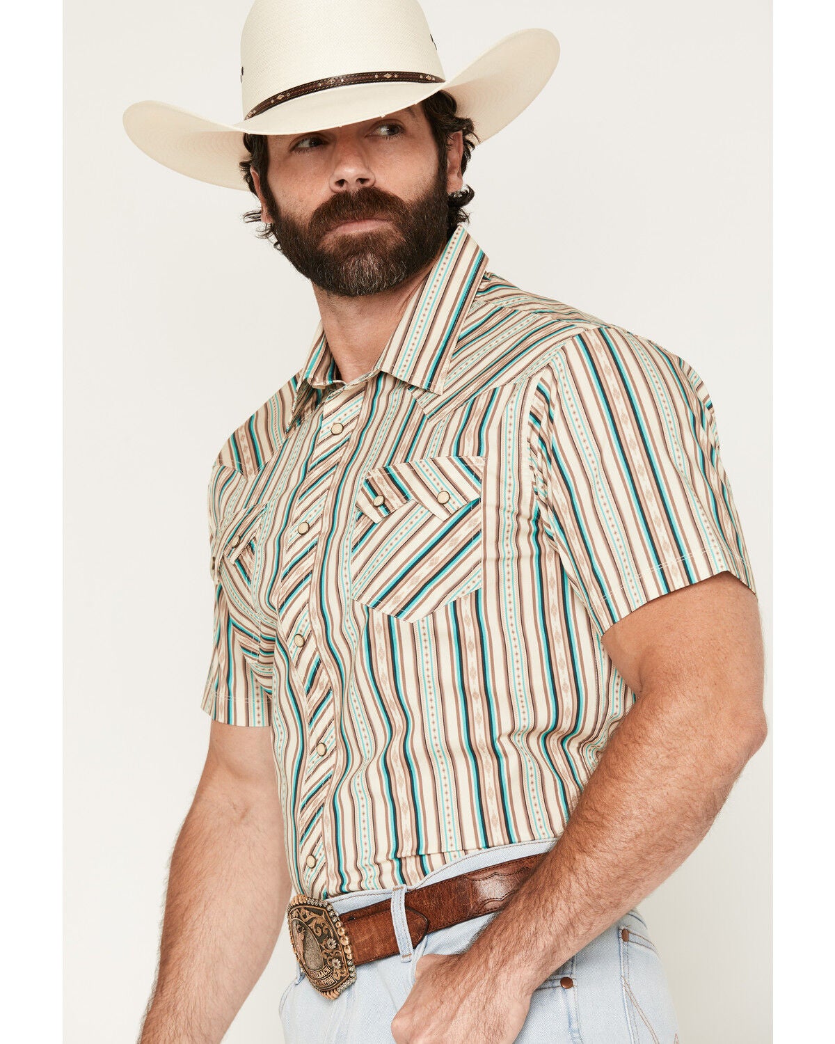 Image #2 - Rock & Roll Denim Men's Striped Short Sleeve Snap Stretch Western Shirt, Teal, hi-res