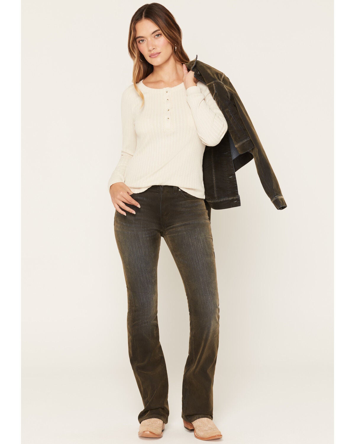 Shyanne Women's Celeste High Rise Flocked Bootcut Denim Jeans, Olive, hi-res