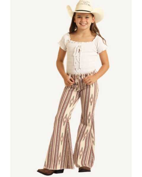 Rock & Roll Denim Girls' Southwestern Striped Flare Stretch Denim Jeans , Cream, hi-res