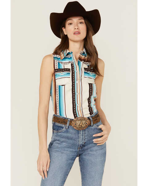 Cowgirl Hardware Women's Serape Striped Sleeveless Snap Western Shirt , Turquoise, hi-res