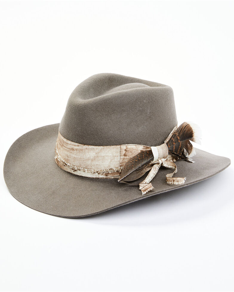 Shyanne Women's Distressed Grey Mirando Ribbon Band Wool Felt Western Hat , Grey, hi-res