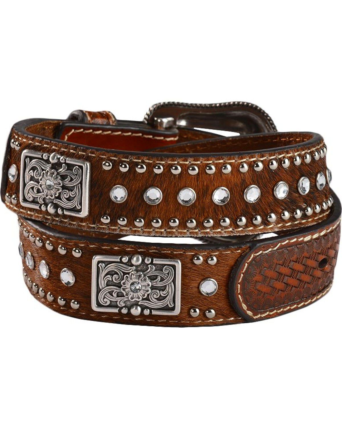 Image #2 - Nocona Belt Co. Girls' Rhinestone Hair-On-Hide Leather Belt, Brown, hi-res
