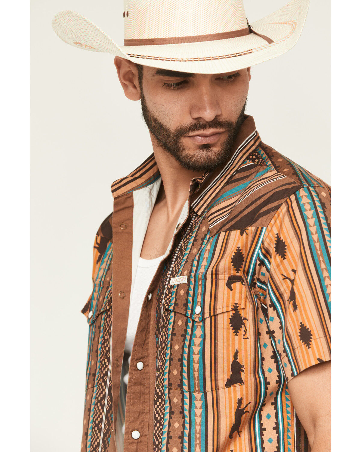 Image #2 - Sendero Provisions Men's Wyatt Southwestern Serape Striped Short Sleeve Snap Western Shirt, Brown, hi-res