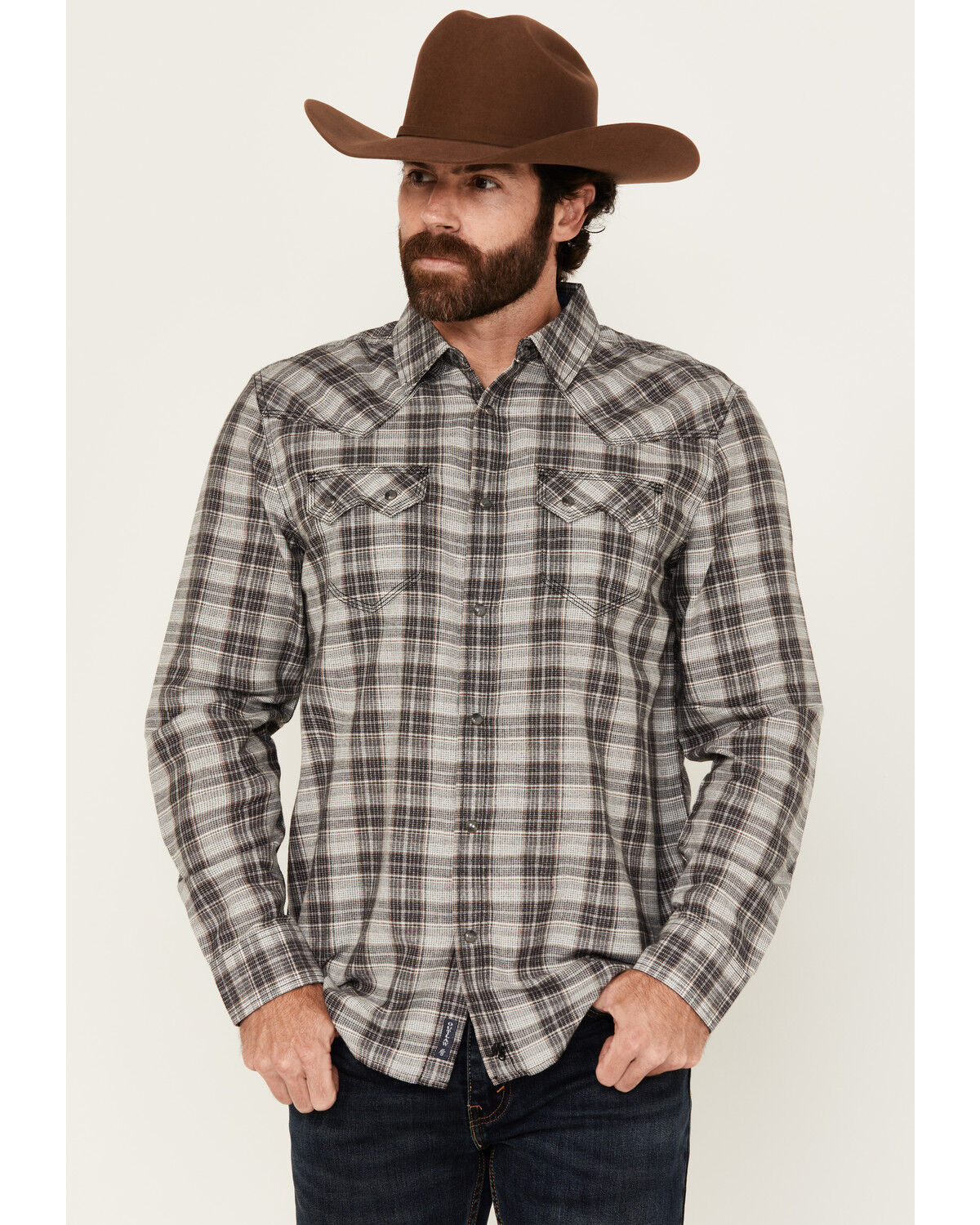 Image #1 - Moonshine Spirit Men's Decibel Plaid Print Long Sleeve Button-Down Western Shirt, Grey, hi-res