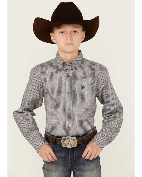 Cinch Boys' Geo Print Long Sleeve Button Down Western Shirt, Grey, hi-res