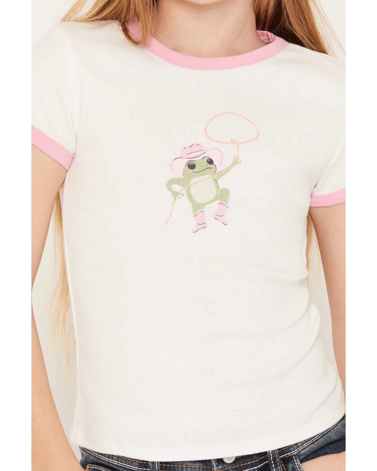 Image #3 - Originality Girls' Cowgirl Frog Short Sleeve Ringer Tee, Ivory, hi-res