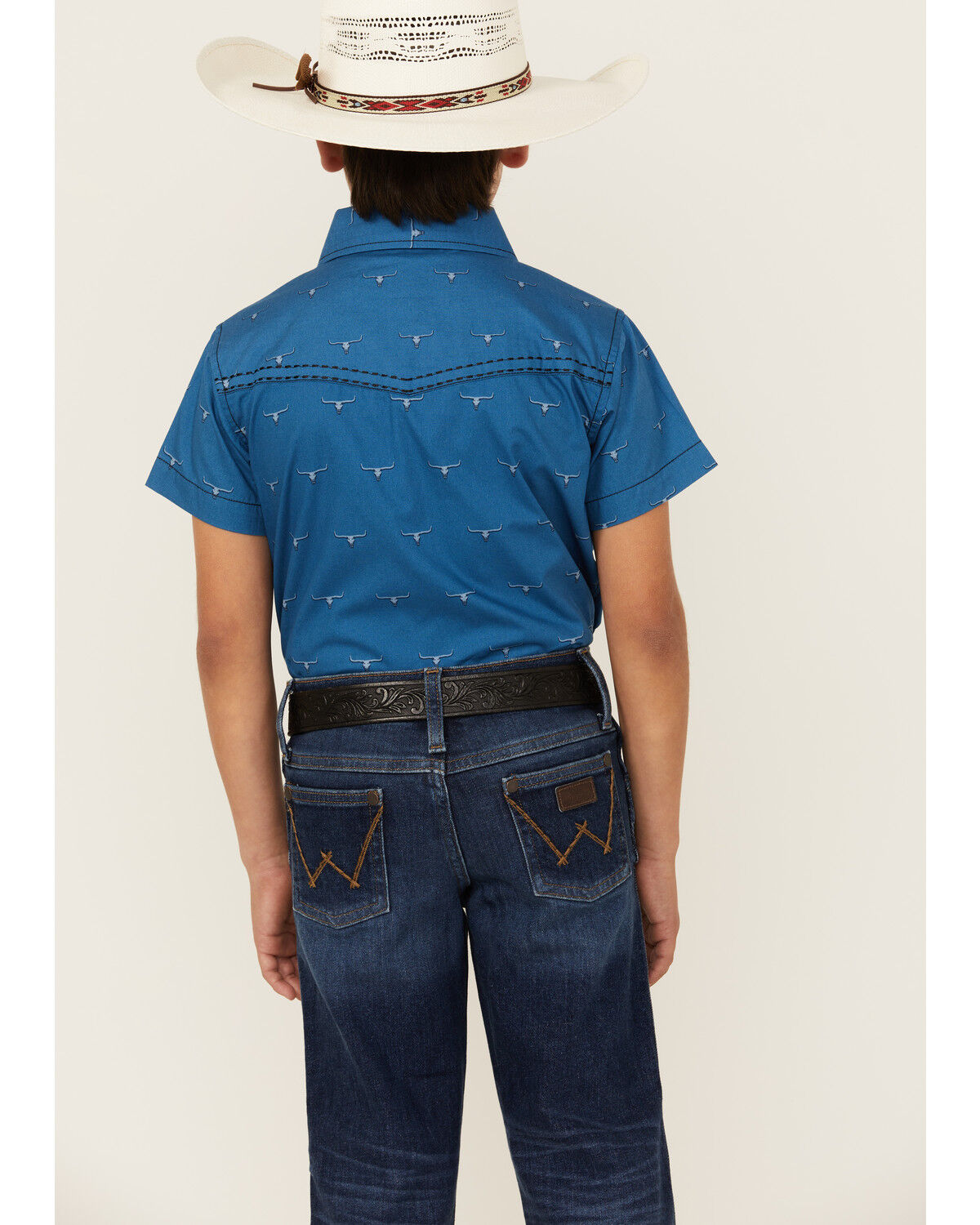 Image #4 - Cowboy Hardware Boys' Steerhead Print Short Sleeve Snap Western Shirt, Blue, hi-res