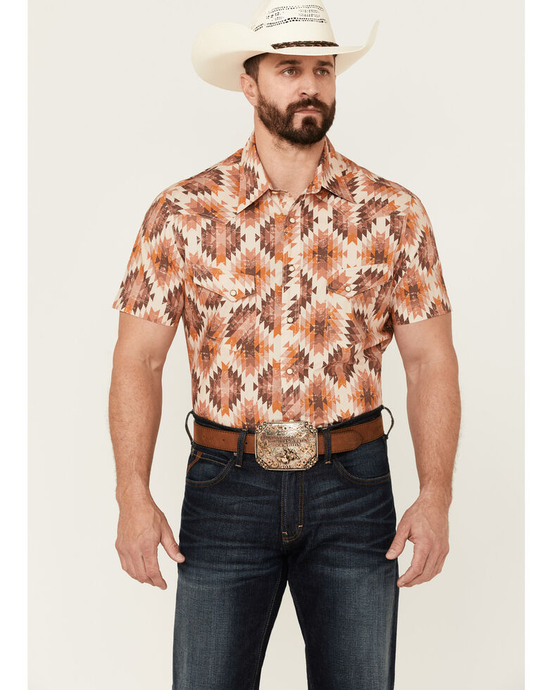 Rock & Roll Denim Men's Orange Southwestern Print Short Sleeve Snap Western Shirt, Orange, hi-res