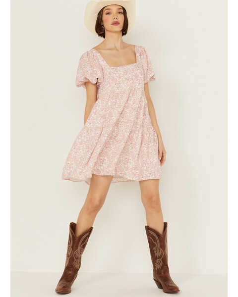 Image #1 - Yura Women's Floral Print Short Sleeve Mini Dress , Pink, hi-res