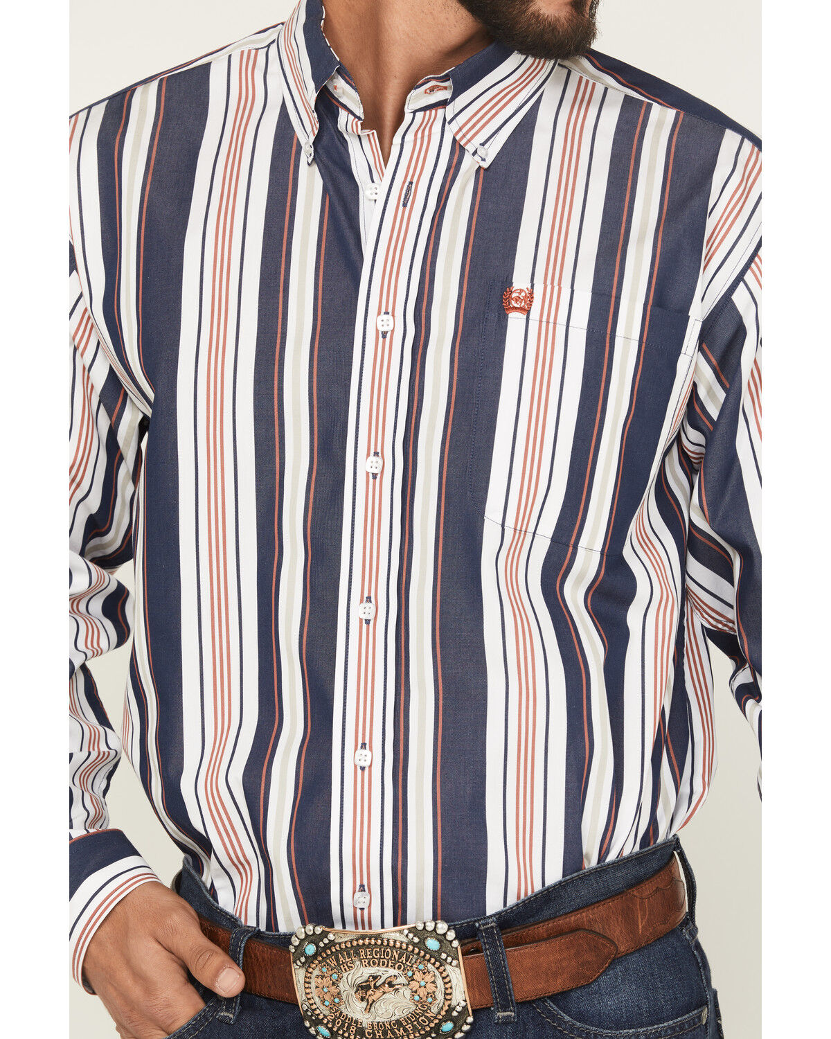 Image #3 - Cinch Men's Striped Long Sleeve Button-Down Western Shirt, Navy, hi-res