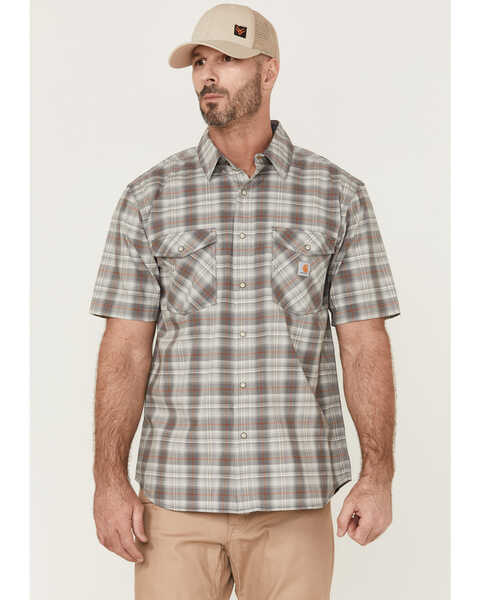 Carhartt Men's Rugged Flex Steel Plaid Print Relaxed Short Sleeve Snap Western Shirt , Steel, hi-res