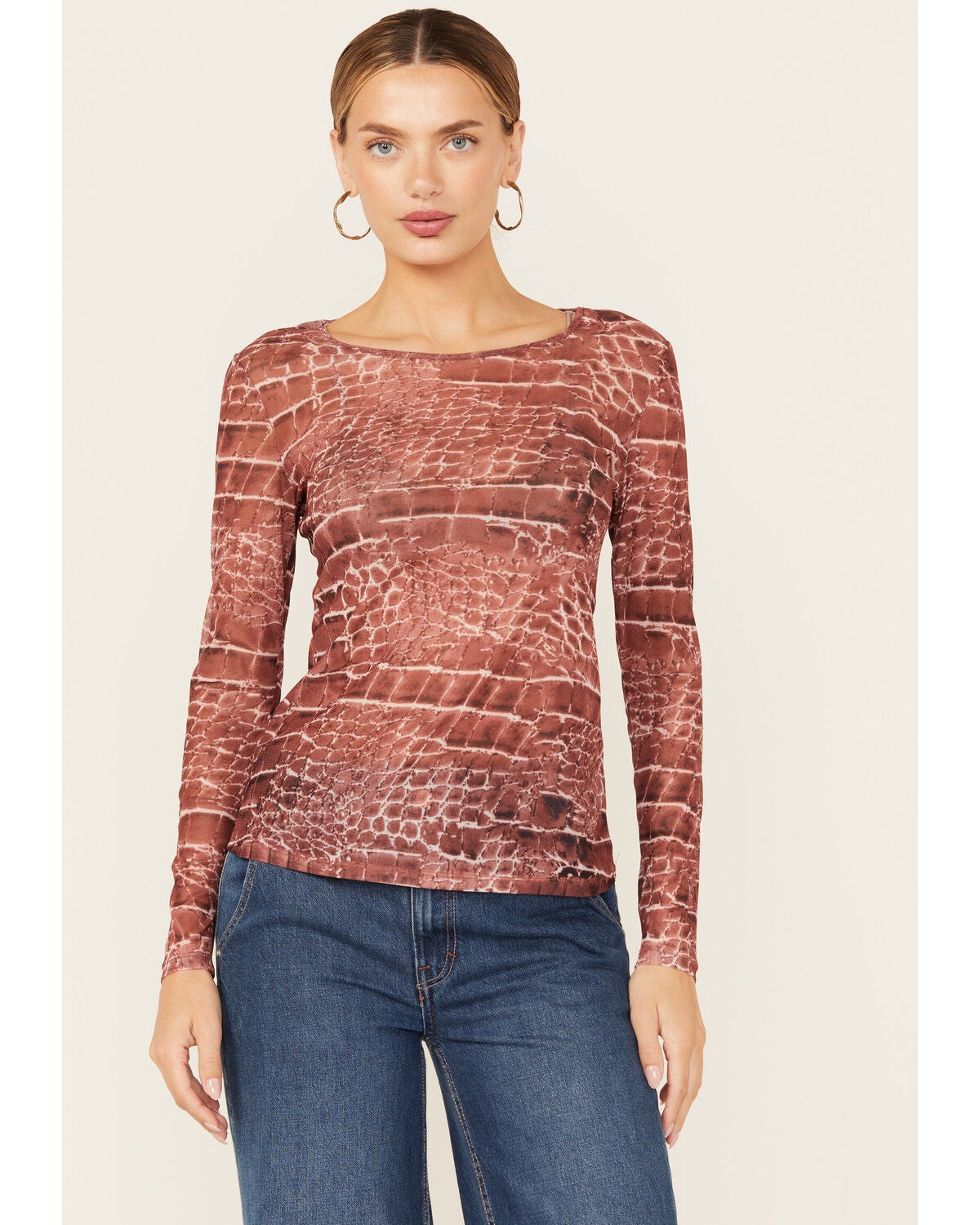 Vocal Women's Snake Print Long Sleeve Mesh Top, Rust Copper, hi-res