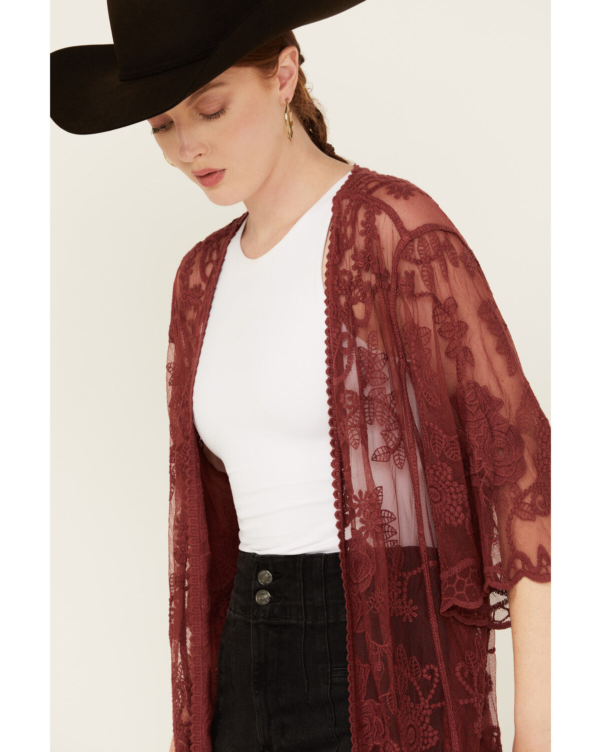 Image #2 - Shyanne Women's Lace Duster Kimono, Dark Red, hi-res