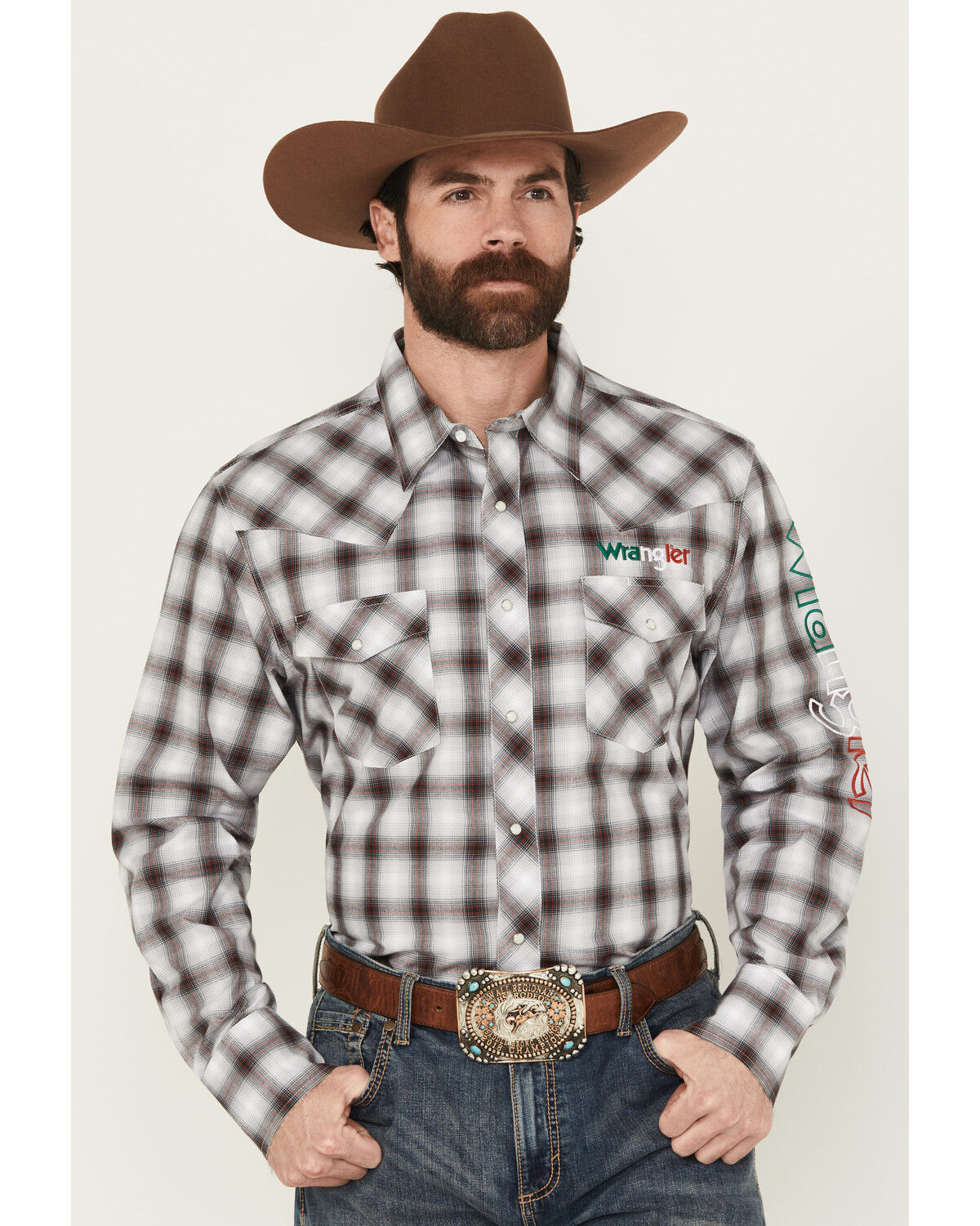 Image #1 - Wrangler Men's Plaid Print Logo Long Sleeve Snap Western Shirt - Tall, Black, hi-res