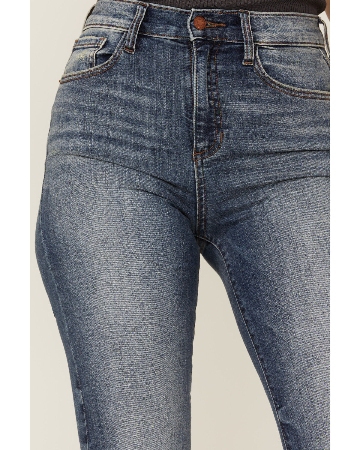 Image #2 - Sneak Peek Women's Vintage High Rise Raw Hem Dark Flare Jeans, Blue, hi-res