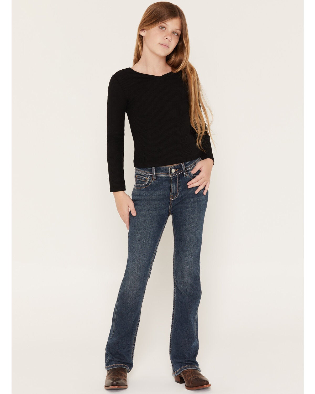 Image #3 - Shyanne Girls' Dark Wash Shayla Bootcut Stretch Denim Jeans, Dark Wash, hi-res