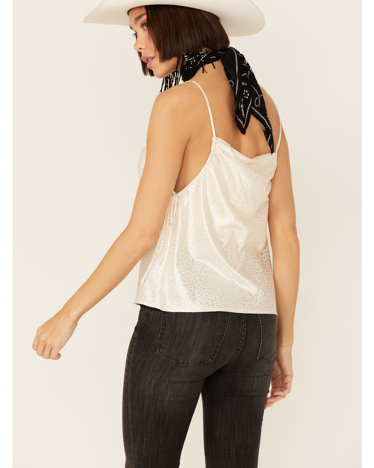 Image #3 - Lush Women's Pattern Satin Side Cinch Cami Top, Ivory, hi-res