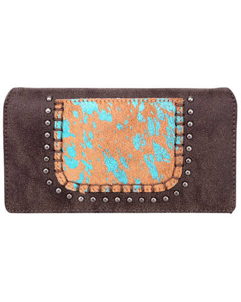 Trinity Ranch Women's Hair-On Turquoise Panel Wallet, Dark Brown, hi-res