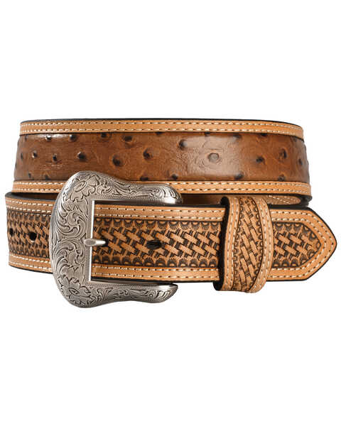 Image #1 - Nocona Basketweave Ostrich Print Leather Belt, Cognac, hi-res